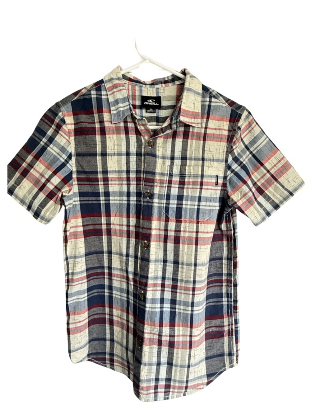O'Neill Short Sleeve Plaid Button-Up Shirt - Navy, Red, Cream